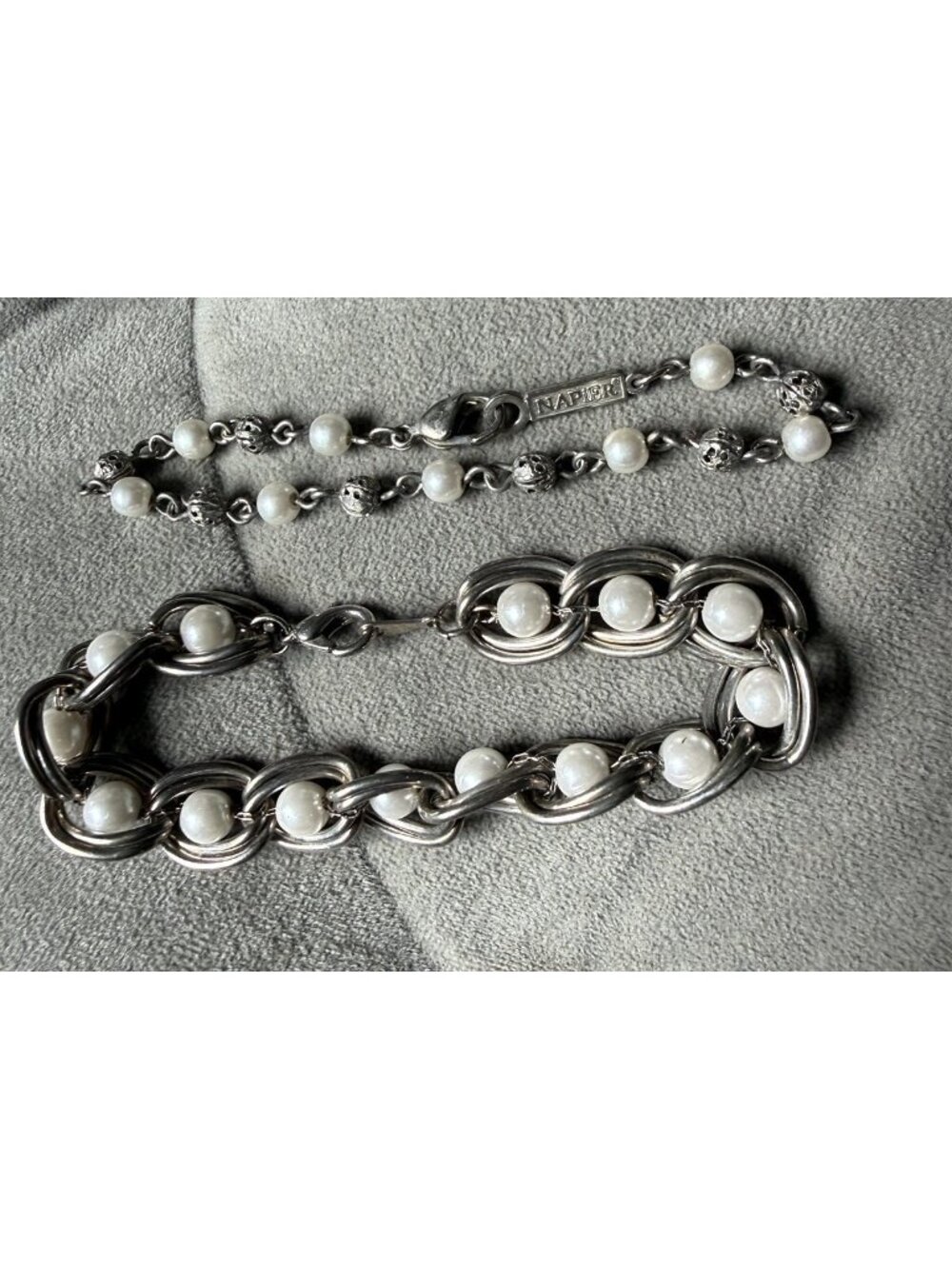 Vintage Bracelet Pearl Beaded Lot of 2 Silvertone Napier Chain and Encircled